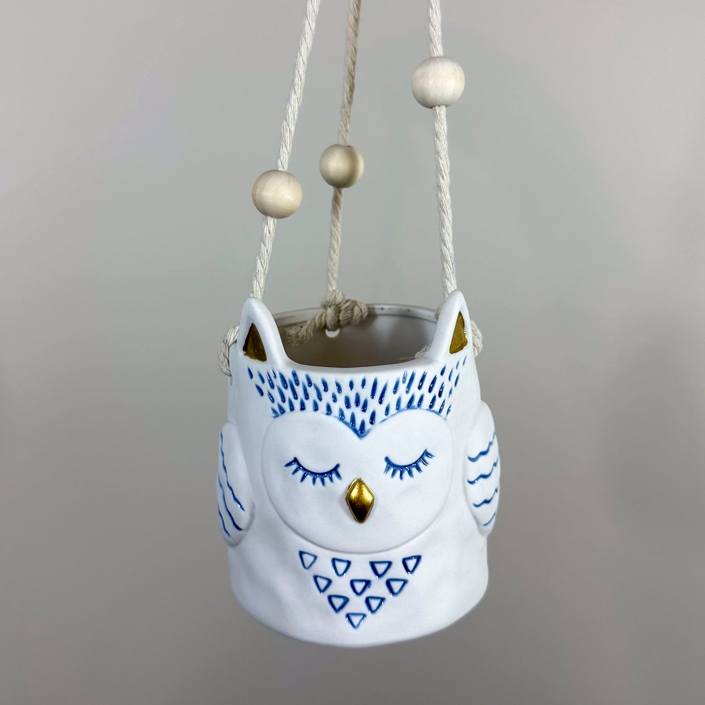 Close up of hanging owl planter, with with blue details and gold beak