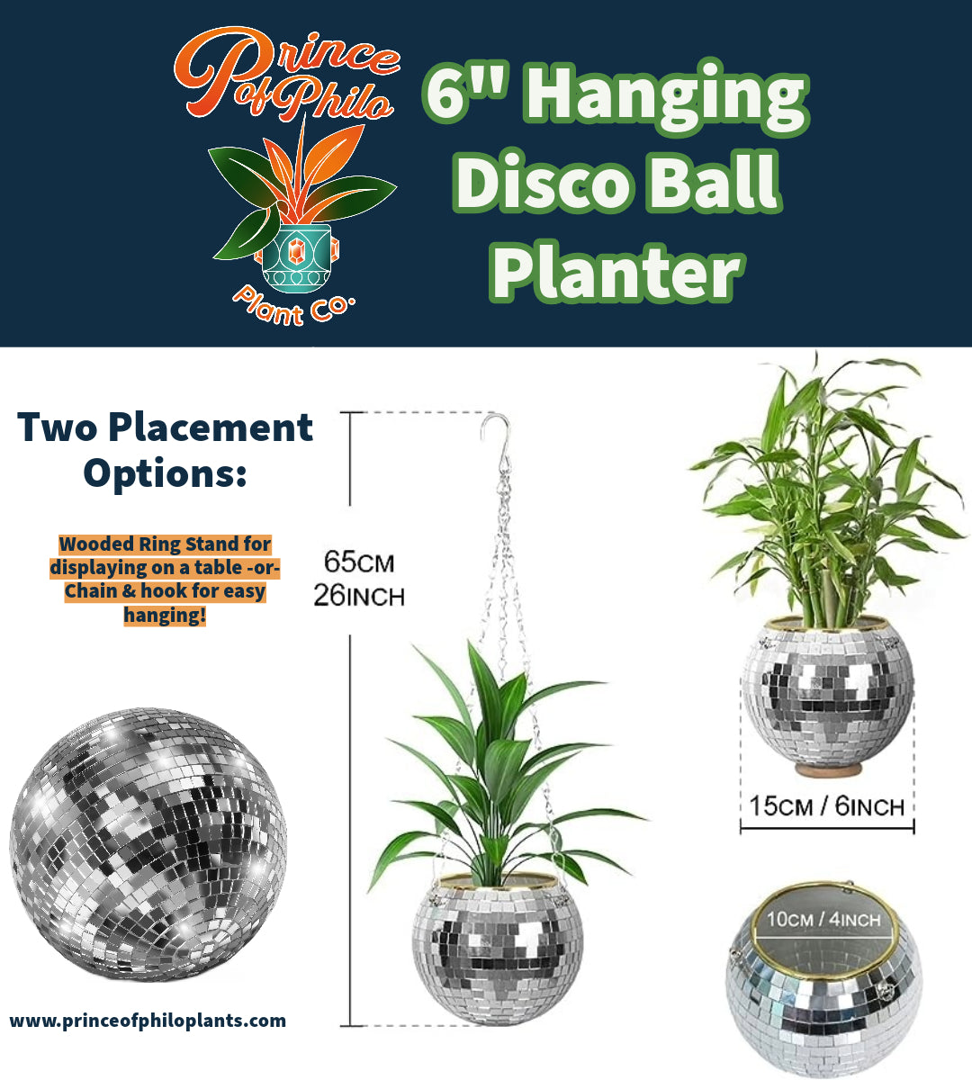 Diagram showing length of disco ball planter is 26 inches